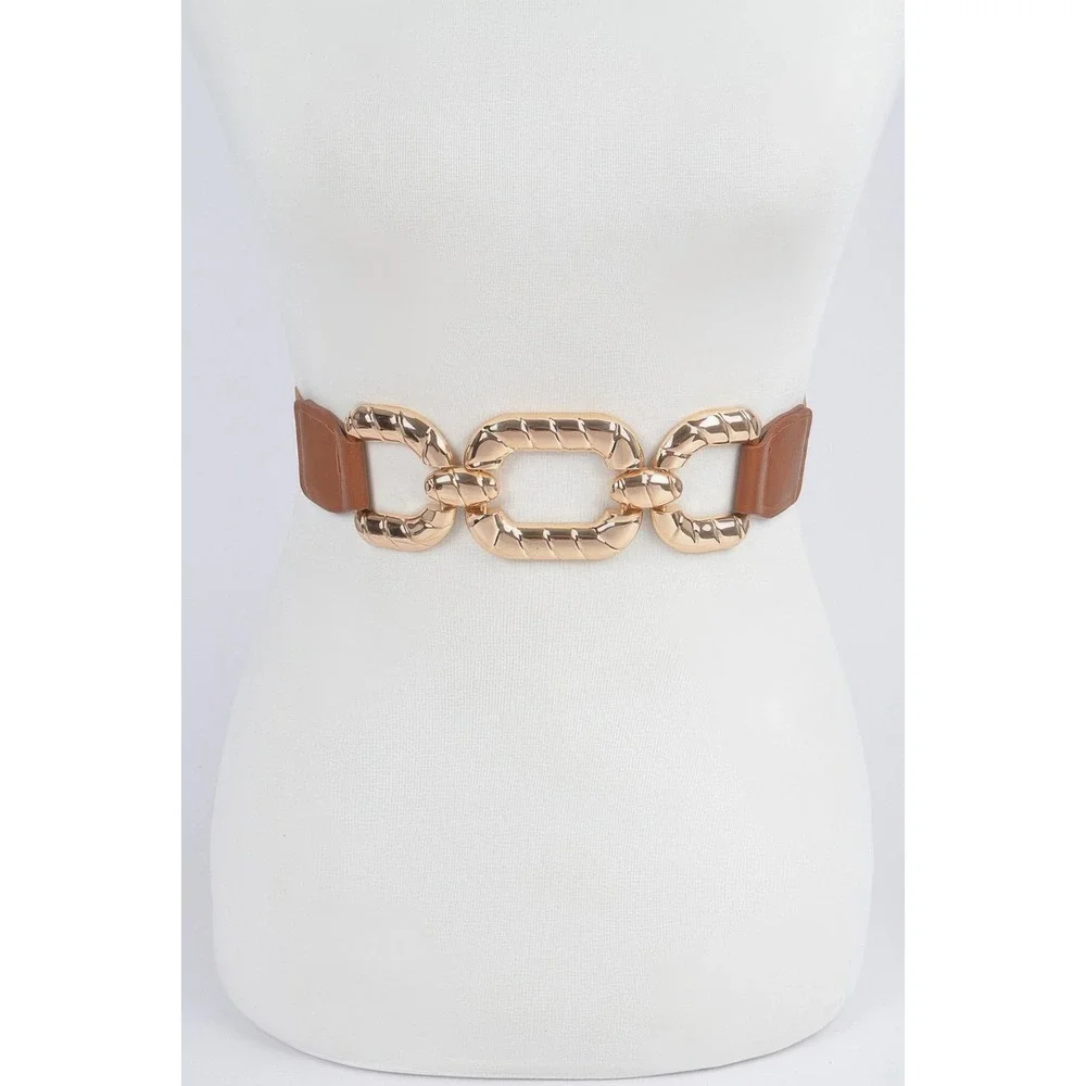 Chain Belt Womens OS Camel Chunky Gold Link Elastic Cinch